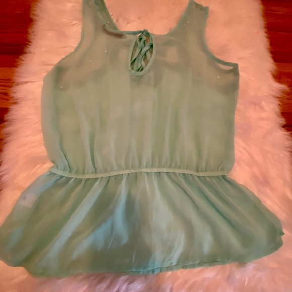 EUC Size Large Sheer Mint Green Beaded Sequin Peplum Tank - Picture 2 of 9